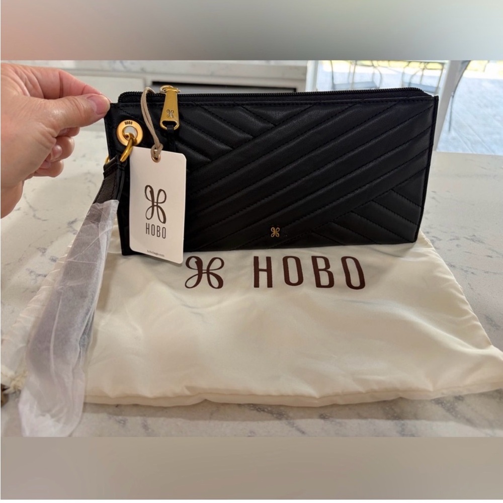 HOBO Black Leather Quilted Clutch with Gold Accents